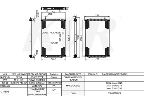 MAN,1992- D 2866 LUH 22 RADIATOR