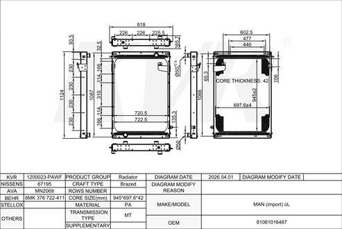 MAN,1989- D 2866 LUH 26 RADIATOR